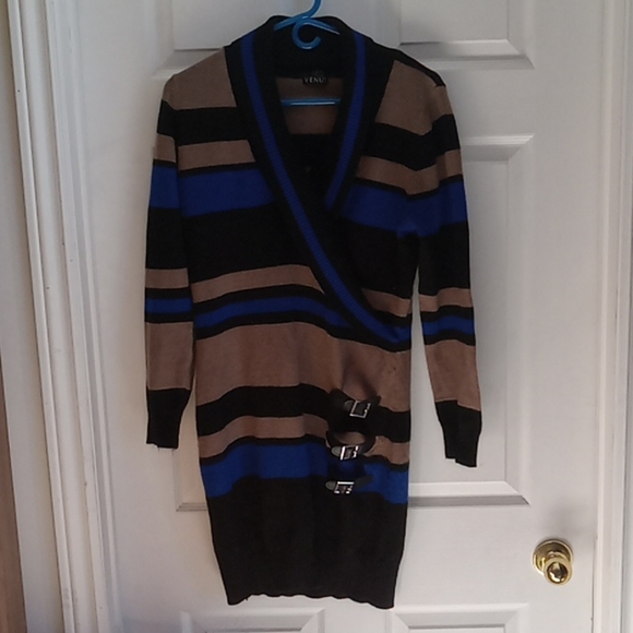 Retro Venus Sweater Dress Size L Stripes Black Blue Tan Striped Long Sleeve - Picture 1 of 9